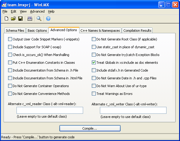 WinLMX XML data binding C++ code generator advanced options