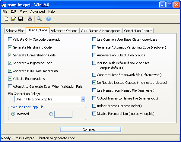 WinLMX C++ XML data binding code generator basic options