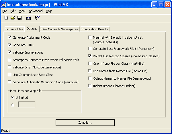 Setting schema code generation options in WinLMX